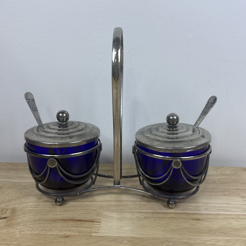 Vintage 1940s Art Deco Cobalt Blue Glass Silver Jam Jelly Condiment Set Caddy